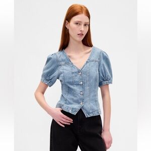 GAP Denim Puff Sleeved Seamed Top